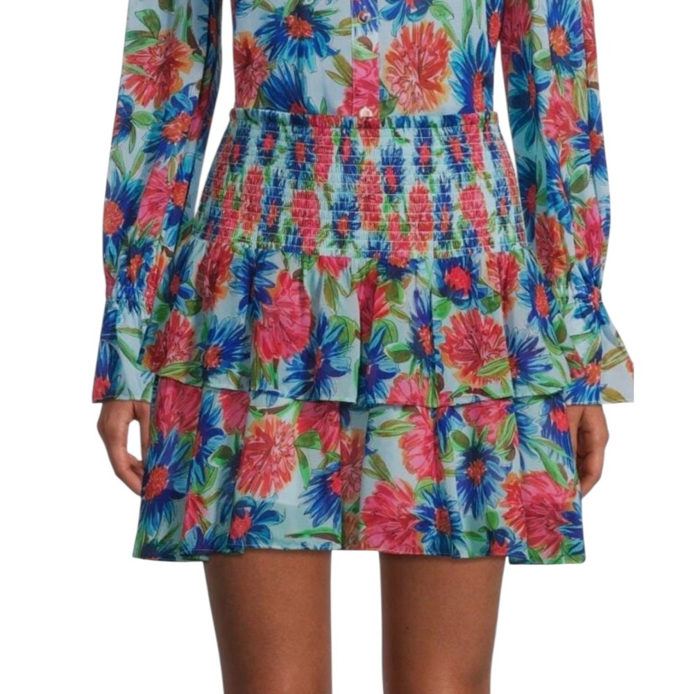 MILLY Wyatt Paint Dahlia Print Mini Skirt Tiered Smocked Sz 6